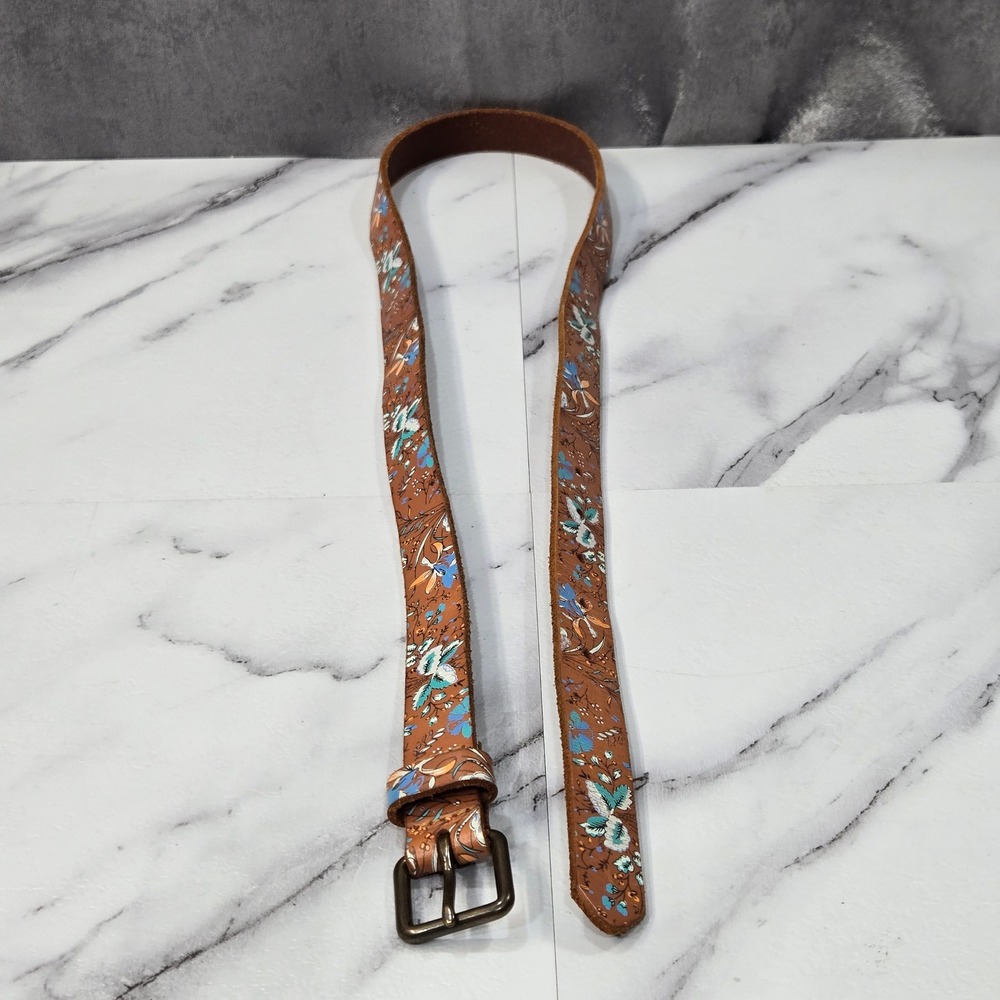GAP Womens Medium Brown Leather Belt Ditsy Floral Vachetta Brass Buckle Skinny - Picture 6 of 8